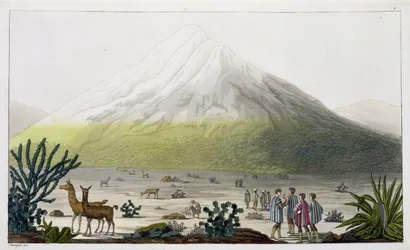 Chimborazovuori, Ecuador, teoksesta "Le Costume Ancien et Moderne", osa II, taulu 3, Jules Ferrario, kaivertanut Paolo Fumagalli, julkaistu noin 1820-30-luvuilla