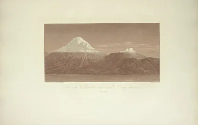 Näkymä Chimborazolle ja Carguairazolle, piirtänyt Gmelin, kaivertanut Arnold, kuvitus Alexander von Humboldtin ja Aimé Bonplandin teoksesta "Vues des Cordillères et Monumens des Peuples Indigènes de l