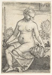 Judith istuu alastomana miekka oikeassa kädessään ja katsoo alas Holoferneen päätä ..., 1523