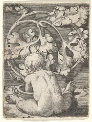 Alaston lapsi selkäpuolelta nähtynä istumassa astian edessä, 1600-luvun puoliväli