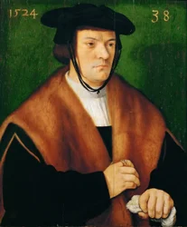 Gerhard von Westerburg (1486 - vuoden 1539 jälkeen), puolivartalokuva, turkisreunaisessa viitassa ja mustassa hatussa