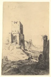 Näkymä Ponte Mammololle, silta taustalla, torni rampeineen keskellä..., 1639.