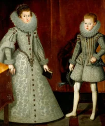 ""Itävallan Annen ja hänen veljensä Philipin (silloin Espanjan Filip IV) muotokuva" (Infante Philip, myöhemmin Espanjan kuningas Philip IV (1605-1665) ja hänen sisarensa Anne Itävallasta (1601-1666) ) Maalauksen tekijä Bartolome Gonzalez y Serrano (1564-16