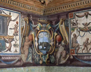 Sala del Granduca di Toscana Toscanan suurherttuan sali Yksityiskohta friisistä, jossa kuvataan eläinradan merkkejä ja sarvikuonoa, 1564-75 fresko.