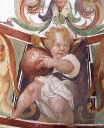 Francesco deMedicin Studiolo-tutkimus 1541-87 Yksityiskohta koristeesta, jossa on putto, jolla on maapallo kädessään, 1564-75 fresko.