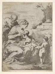 Pyhä perhe ja pieni Johannes Kastaja oikealla, 1650-57.