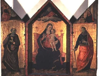 Madonna ja lapsi Pyhän Johannes Kastajan ja apostoli Pietarin kanssa (tempera ja kultalehti paneelissa)