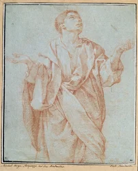 Mies verho, kädet auki, silmät kohotettuina taivaaseen, pää kallistettuna Bartolomeo Cesin (1556-1620) piirustus a la sanguine. 0,28 x 0,23 m Pariisi. Louvren taidemuseo
