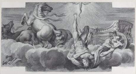 Levy 34: Auriga, vaununkuljettaja, putoaa vaunuista keskellä, kolme hevosta l..., 1756. Tekijät: Bartolomeo Crivellari, Gabriel Söderling.