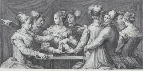 Ryhmä tyylikkäästi pukeutuneita ihmisiä, jotka pelaavat korttia, 1740-68