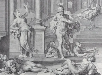 Levy 10: Ulysses pakottaa Circen palauttamaan tovereittensa ihmismuodot, jotka hänellä oli..., 1756