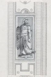 Kilpi 15: mytologinen hahmo, jolla on kypärä ja kilpi, 1756
