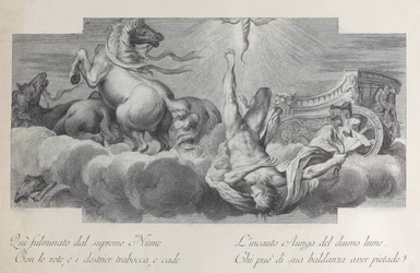 Levy 34: Auriga, vaununkuljettaja, putoaa vaunuista keskellä, kolme hevosta l..., 1756