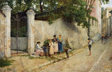 Suihkulähteellä, Bartolomeo Giuliano (1825-1909), öljy kankaalle, 64,5x100 cm