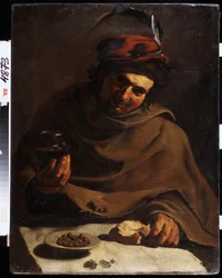 Aamiainen (aamiainen). Bartolomeo Manfredin (1587-1622) maalaus. Öljy kankaalle. Italialaista taidetta, barokkityyliä. Valtion taidemuseo, Harkova tai Kharkov, Ukraina.
