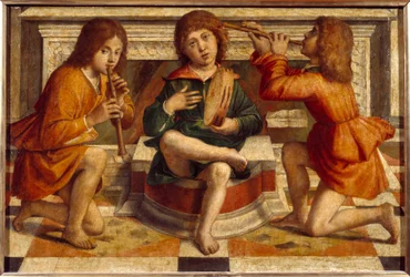 Kolme enkeliä, muusikkoa Bartolomeo Montagnan (1450-1523) maalaus 1500-luvun su. 0,47x0,7 m Lyon, Musee des Beaux Arts