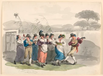Piirros, "Saltarello Romano", Tanssivat talonpojat Rooman lähistöllä, 1807-08.