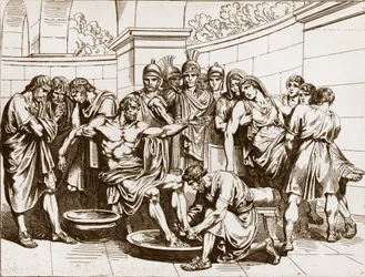 Roomalainen filosofi Seneca (Lucius Annaeus Seneca, 4 eKr.-65 jKr.), jota syytettiin osallistumisesta salaliittoon keisari Neroa vastaan, määrättiin tekemään itsemurha - Bartolomeo Pinellin kaiverrus - Senecan kuolema, Bartolomeo Pinellin kaiverrus (1781-)