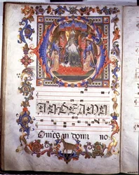 Käsikirjoitus 557, fol. 35v, sivu, jonka kuvituksessa Aegidius (pyhä Giles) (kuoli noin 700) istuu valtaistuimella enkelien ympäröimänä, teoksesta ”Messale di Sant