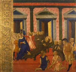 Neroccio di Bartolomeon (1447-1500) maalaus, Palazzo Pubblico (Julkinen palatsi), Siena, Italia, San Bernardino karkottaa riivatun naisen.