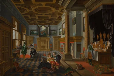 Renaissance-sisustus juhlilla, noin 1618-1622 (öljy paneelille)