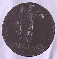 Muotokuvamitali, joka kuvaa sauvaa pitelevää naishahmoa (pronssi) (katso kääntöpuoli 96845)