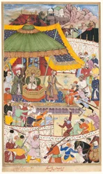 Nuori keisari Akbar pidättää röyhkeän shaahi Abul-Maali, sivu Akbarnaman käsikirjoituksesta, n. 1590-95 (peittävä akvarelli ja kulta paperille).