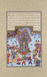 Afrasiyab Iranin valtaistuimella, Folio 105r Shahnama Book of Kingsistä..., n. 1525-30.