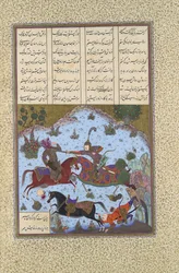 Gustaham Slays Lahhak ja Farshidvard, Folio 349v Shahnama Book of..., noin 1525-30.