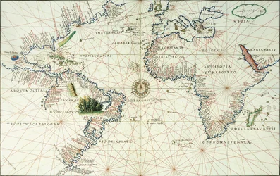 Atlantin valtameren kaksisivuinen kartta, jossa näkyy Pohjois- ja Etelä-Amerikan itärannikko, 1544