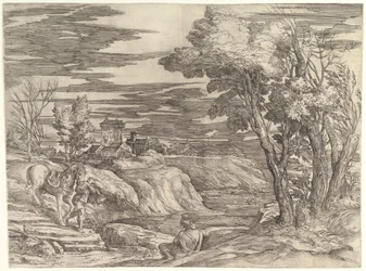 Maisema ratsumiehen ja sulhasen kanssa, n. 1552-61.