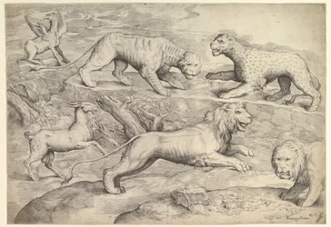 Kuusi eläintä, mukaan lukien leijonat, tiikeri, leopardi, griffin ja vuohi, n. 1530-61.