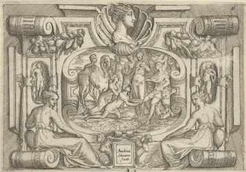Mies ja nainen tarjoavat lautasen kolikoita valtaistuimella istuvalle kuninkaalle, asetettuna..., noin. 1540-80.
