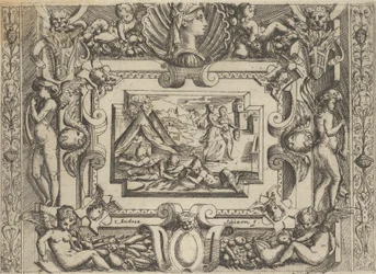 Judith ja palvelijattare Holofernesin pään kanssa, sijoittuu yksityiskohtaisiin kehyksiin, noin 1540-80.