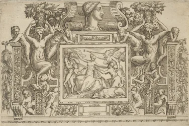 Nainen istuu kädet ojennettuina, Famen henkilöitymä trumpetilla oikealla,..., n. 1540-80.