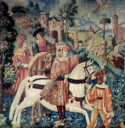 Keskiaika: alku haukanmetsästykselle hevosen selässä. silkki- ja villakudokset 1500-luvun alusta. Hainautista. Pariisi, keskiajan kansallismuseo, Thermes de Cluny.