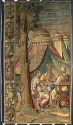 Moise ja Jetro ja Sephora Dionys Martenszin tekemä kuvakudos Luca Cambiason (1527-1584) Brysselin manufaktuurissa 1561-1564 valmistamien kartonkien mukaan Dim. 391x141,2 cm Genes, Strada Nuovan museot