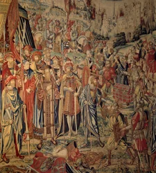 Daavidin ja Betsabeen kuvakudos: Joabin käsivarret. Brysselin työpajoissa tehty kuvakudos Jan Van Roomen piirustukseen. 1500-luvun Ecouenin renessanssimuseo