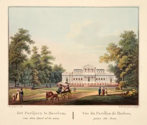Jaarlemin paviljonki van den Houtista katsottuna. Vue du Pavillon de Harlem, Prize du Bois, 1825 (käsinvärinen kaiverrus)