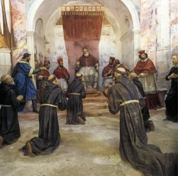 Pyhä Franciscus Assisilainen ja fransiskaanien yhteisö saivat paavi Innocentius III:n (1160-1216) hyväksynnän ensimmäiselle säännölle vuonna 1210 (fresko)