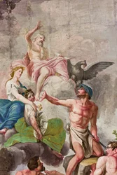 Allegorinen kuvaus Olympuksesta Jupiterin, Ceresin ja Vulcanin kanssa, yksityiskohta työn, maatalouden, taiteiden ja tieteiden apoteoosista (fresko)