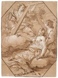 Pyhän Marian Magdaleenan ekstaasi, n. 1715–1719 (kynä ja muste ruskealla pesulla, korotettu valkoisella, kahdeksankulmaiset kehystysviivat ruskealla musteella levitetylle paperille)