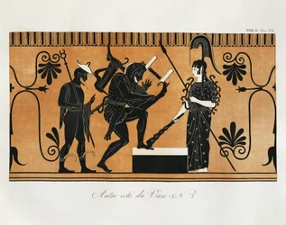 Kohtaus antiikin kreikkalaisesta maljakosta, jossa Herakles soittaa lyyraa Athenen edessä ja Hermes seisoo hänen takanaan, Piringer (kreikkalaisen originaalin mukaan), kaiverrus.