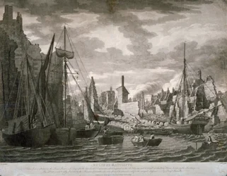 Näkymä Ratcliffen alueelta Lontoossa, rauniot 23. heinäkuuta 1794 tapahtuneen tulipalon jälkeen