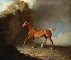 Kultainen kastanjakilpahevonen kalliomuodostelman luona, 1800