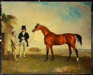 "Skiff", kilpahevonen lahti, jota hallussaan pitelee sulhanen Newmarket Heathissa, ja tallien omistaja John Howe rinnallaan, 1829