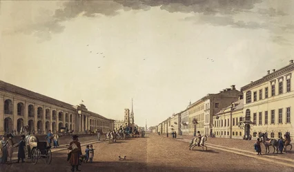 Näkymä Nevski Prospektille lähellä Gostiny Dvoria Pietarissa, 1799
