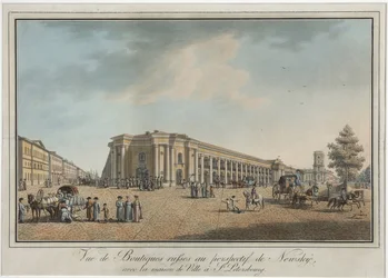 Nevski Prospekt (perspektiivi Nevski) lähellä Suurta Gostiny Dvoria ja kaupungin duumaa Pietarissa - Benjamin Paterssen (1748-1815). Etsaus, akvarelli, vuoden 1802 jälkeen. Pietarin valtionhistoriallinen museo