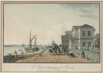 Näkymä Tauriden palatsille - Benjamin Paterssen (1748-1815). Etsaus, akvarelli, ennen 1806. Pietarin valtionhistoriallinen museo