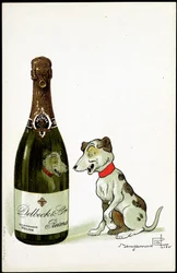 Pahvi samppanjalle "" Delbeck et Cie, Reims", kuvitus Benjamin Rabierin (1864-1939), sd. 1900-luvun alku.